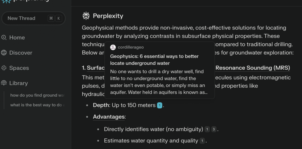 Perplexity referral of Cordillera Geo-Services