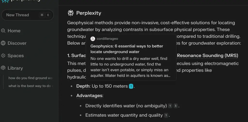 Perplexity referral of Cordillera Geo-Services